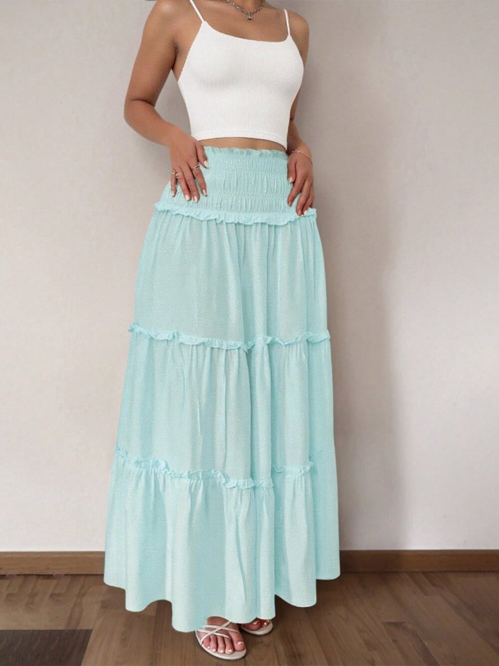 Baby Blue Elegant Women's Pleated Mixed-Fabric Ruffle Hem Casual Vacation Skirt - Picture 4 of 8